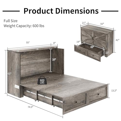 Full Size Murphy Bed with Charging Station, Cabinet Bed with Large Storage Drawer for Home Office or Small Room, Full Foldable Platform Bed, White