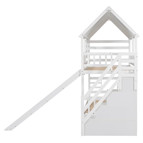 MERITLINE House Bunk Beds Twin Over Twin with Slide, Twin Bunk Bed with Storage Stairs and Trundle
