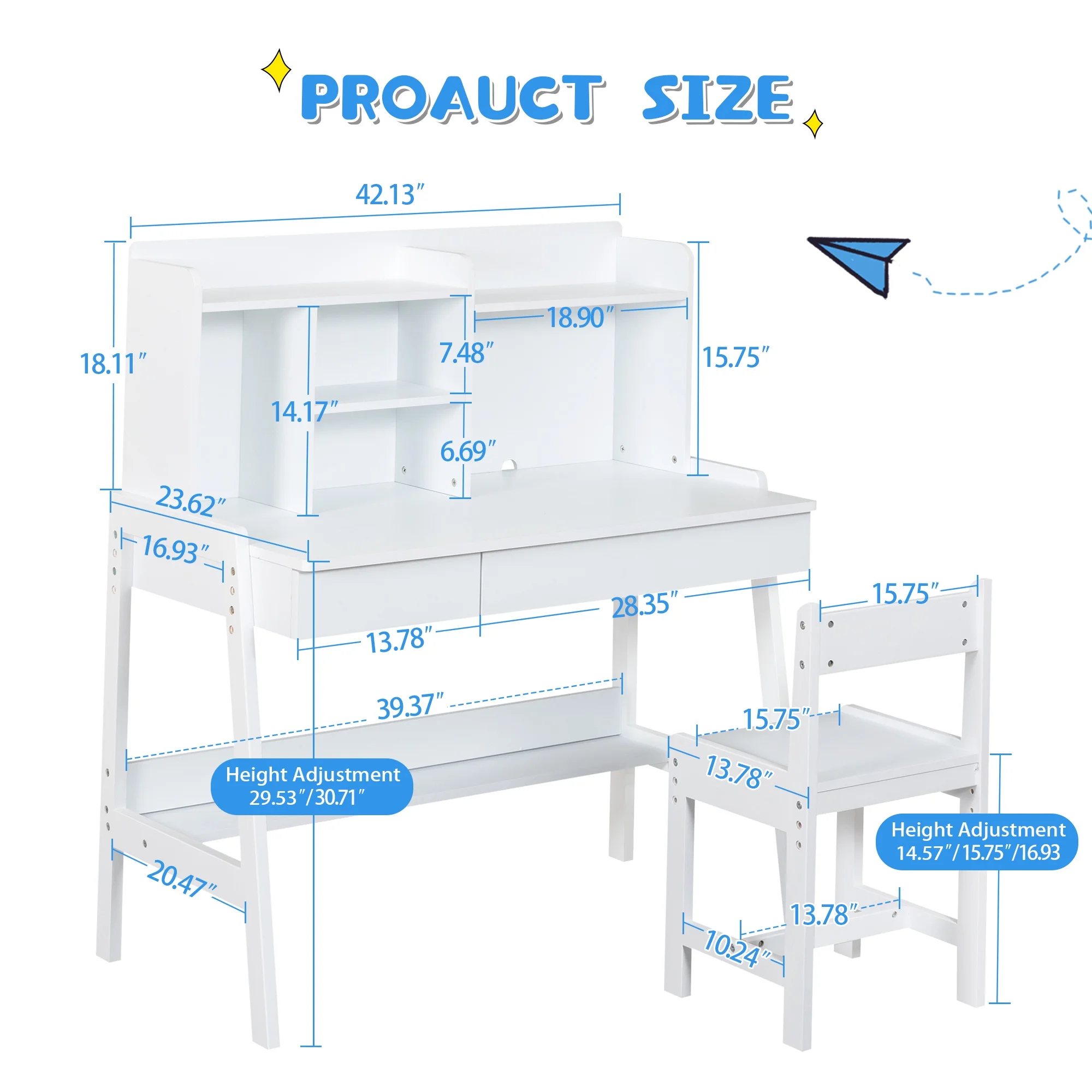 Kids Desk and Chair Set, White Wooden Study Desk for Kids with Drawers