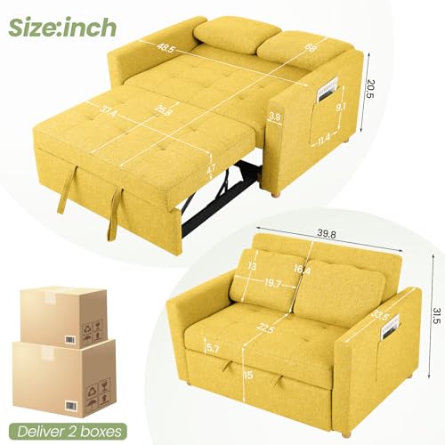 Convertible Sofa Bed, 3-in-1 Sleeper Sofa Pull Out Couch Bed, 2-Seater Linen Fabric Loveseat Futon Sofa with Spring Support
