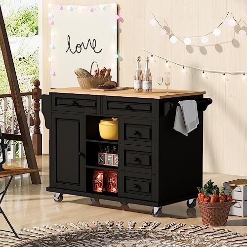 53.5''Farmhouse Kitchen Island with Power Outlet, Kitchen Storage Island with Drop Leaf, Spice Rack and Drawer, Rolling Kitchen Cart on Wheels