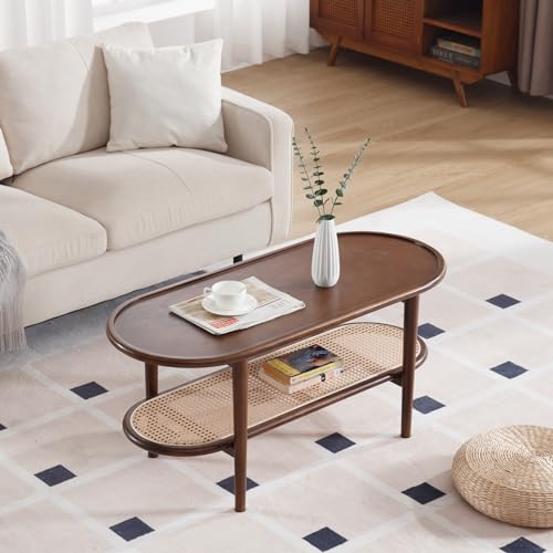Rattan Wood Mid Century Modern Coffee Table, 39.5" Oval Coffee Table with Cane Wicker Storage Shelf for Living Room, Indoor, Home Décor, Walnut