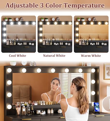 Vanity Desk with Large Mirror and Lights, 45.3in Makeup Vanity with Power Outlet 9 Drawers & Storage, 3 Lighting Color Adjustable