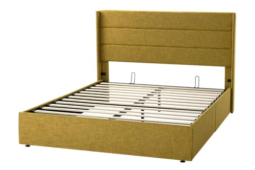 Allewie Full Size Lift Up Storage Bed, Modern Wingback Headboard, Hydraulic Support, No Box Spring Needed, Light Beige