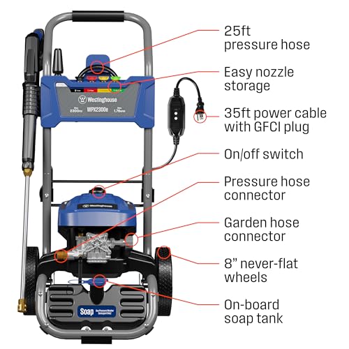 Westinghouse WPX3000e Electric Pressure Washer, 3000 Max PSI and 1.76 Max GPM, Induction Motor, Onboard Soap Tank, Spray Gun and Wand, 5 Nozzle Set