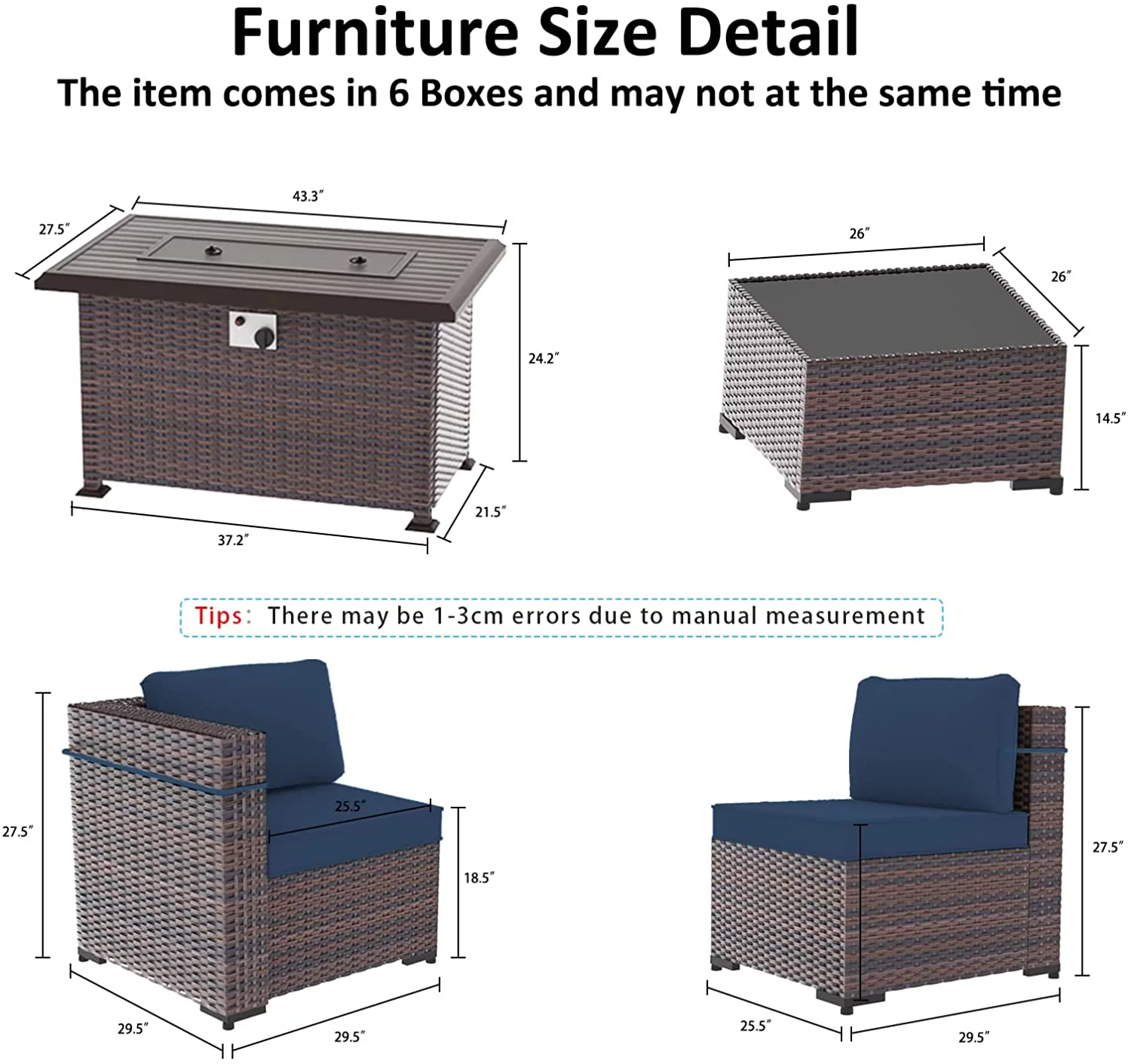 Gotland 8 Pieces Outdoor Patio Furniture with 43"Fire Pit Table, Furniture Patio Sectional Sofa Set,navy blue