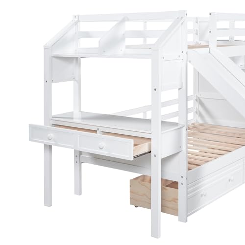 Harper & Bright Designs Bunk Beds Twin Over Full Size, Bunk Bed with Trundle,Storage Shelf and Stairway