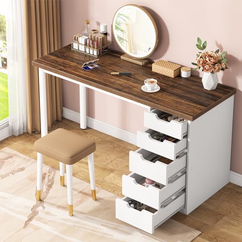 Tribesigns 47 inches Vanity Desk with 5 Drawers, Rustic Brown Makeup Vanity Table Dressing Table with Storage, Modern Simple Computer Desk for Women