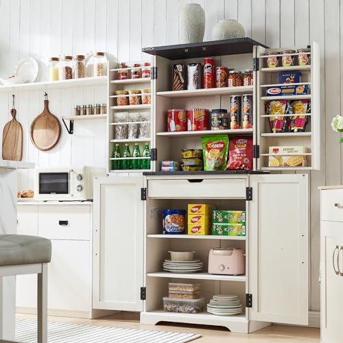 72" Tall Kitchen Pantry, Farmhouse Storage Cabinet with Barn Doors, Organizer, Drawer and Adjustable Shelves, Rustic Wood Cupboard for Kitchen