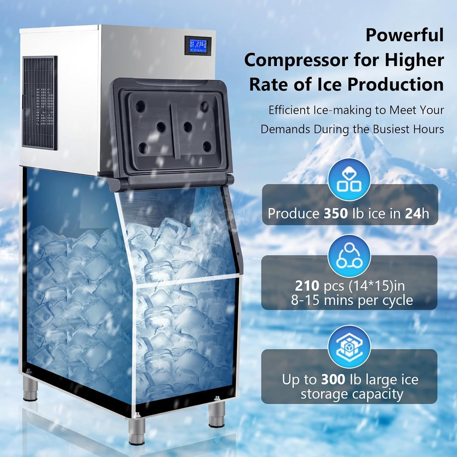 Commercial Ice Maker Machine 350 LBS/24H, Commercial Ice Machine with Storage 310 LBS Ice Maker Commercial with Drain Pump