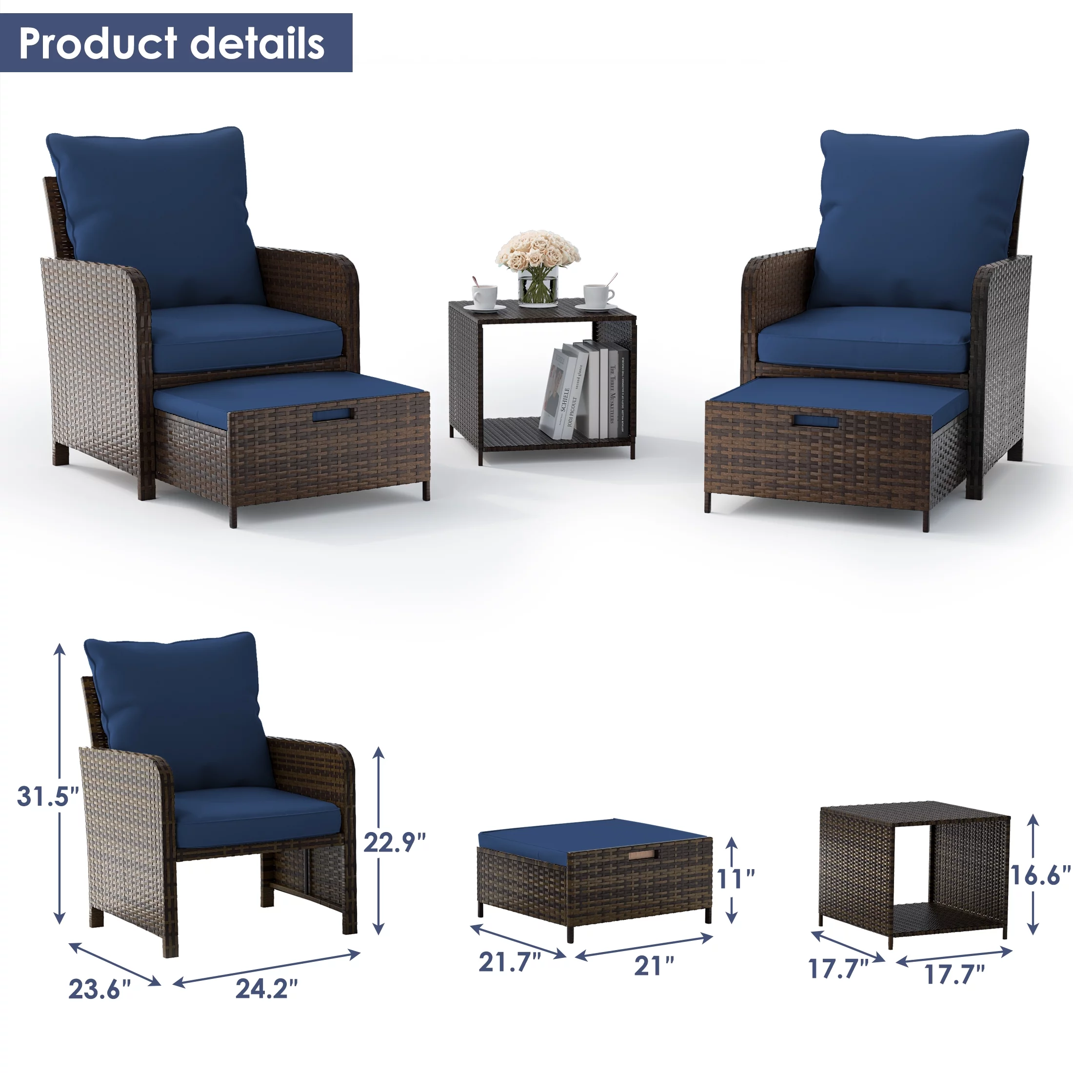 UDPATIO Balcony Furniture 5 Piece Patio Furniture Set, Outdoor Patio Chair , Navy