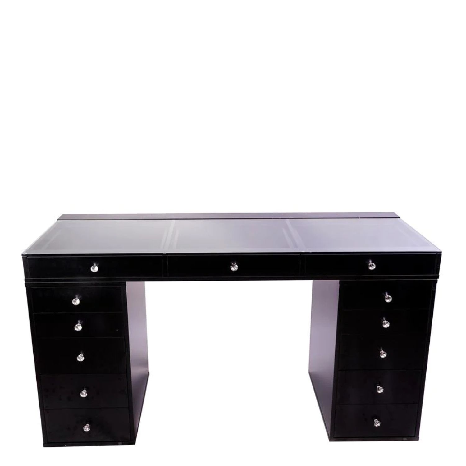 Impressions Vanity Desk, Slaystation Pro 2.0 Makeup Table with 5 Drawers Unit Bundle of Glass Top Desk, Storage, Tabletop Hollywood Vanity Mirror
