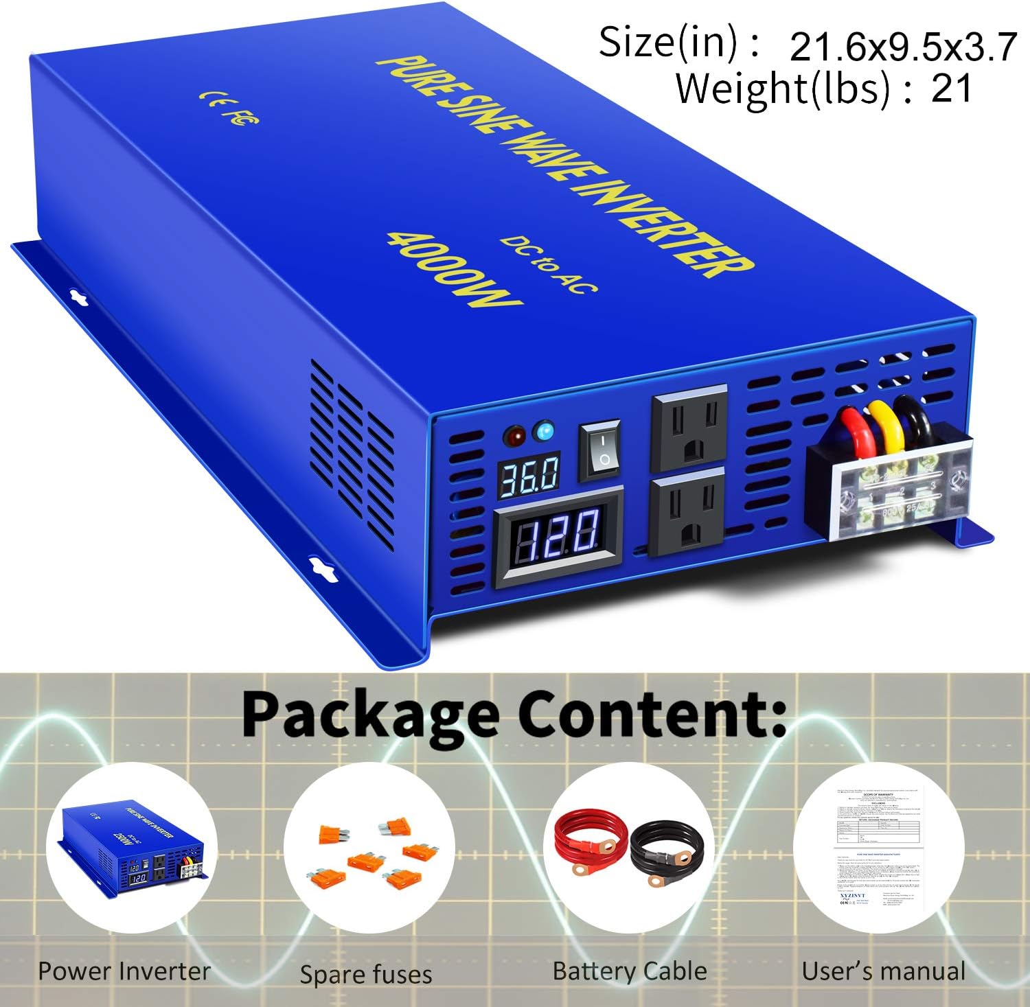 XYZ INVT 4000W Pure Sine Wave Inverter 48V DC to 120V AC Surge 8000 Watt Power Converter Generator with Wireless 100ft Remote Control for Solar