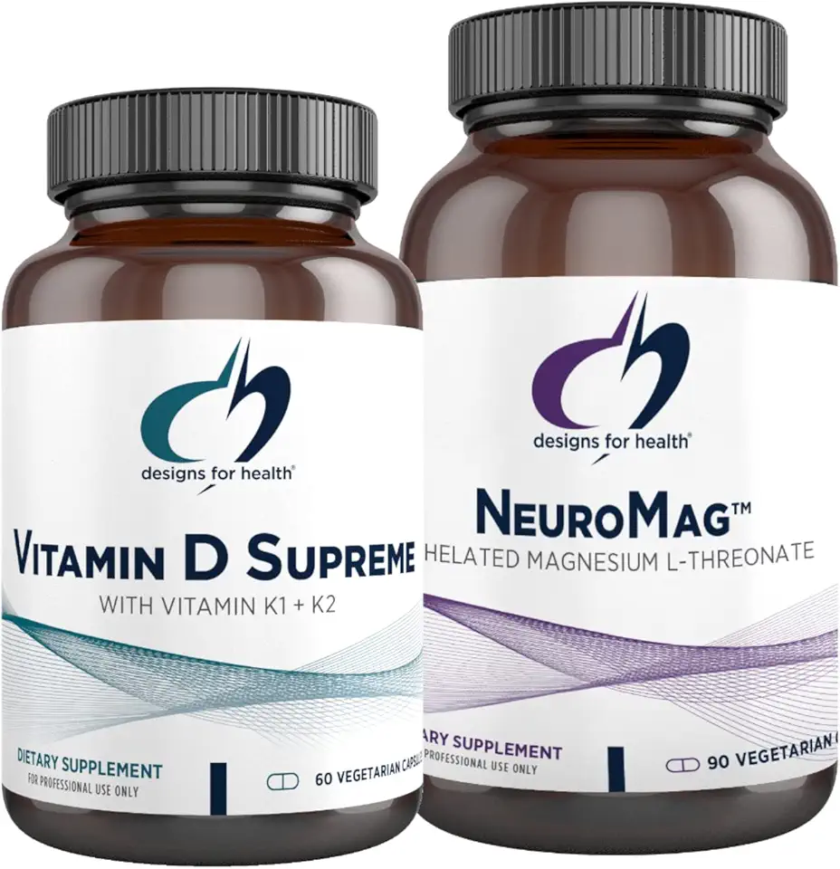 Designs for Health Vitamin D Supreme 5000 IU + Vitamin K (60 Capsules) + NeuroMag Chelated Magnesium L-Threonate for Cognitive Support (90 Capsules)