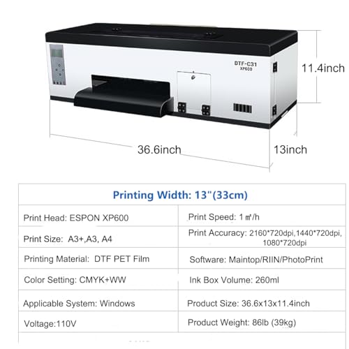 DTF Printer Machine - with XP600 Printhead, Faster Speed Higher Resolution 5760 * 1440dpi, T Shirt Printer DTF Transfer Machine with Roll Feeder