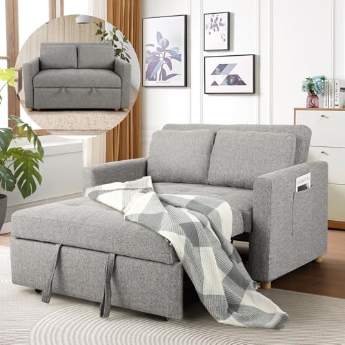 SEJOV 3-in-1 Convertible Sofa Bed, Linen Fabric Sleeper Couch Pull Out Bed, 49" 2-Seater Loveseat Futon Sofa with Spring Support