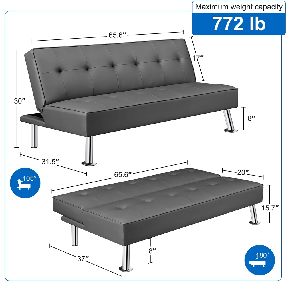 Easyfashion Convertible Faux Leather Futon Sofa Bed, Gray