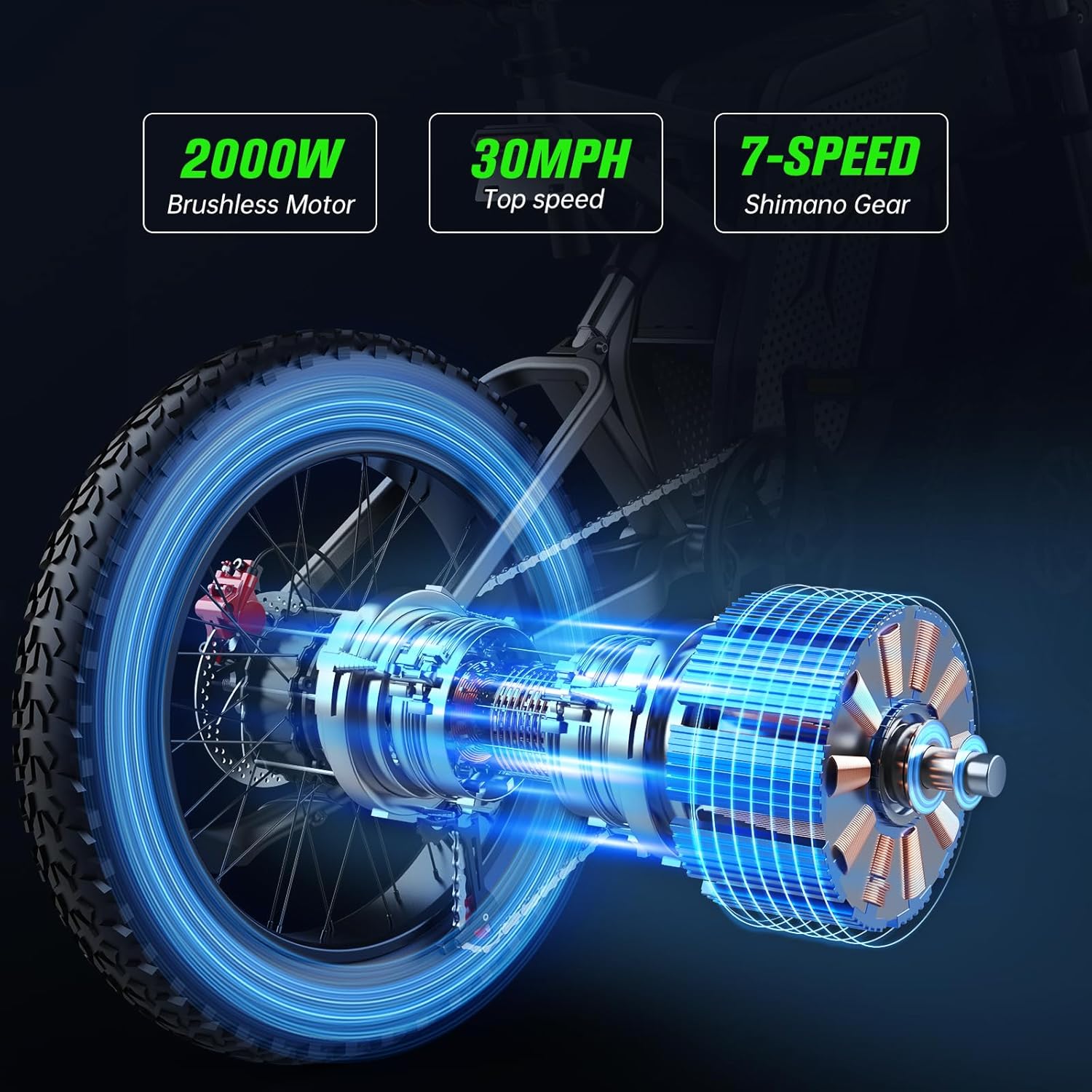 X20 Electric Bike for Adults 2000W 35AH Removable Battery 20" Mountain Electric Dirt Bike, 34MPH, 7-Speed, Dual Hydraulic Shock Absorbers