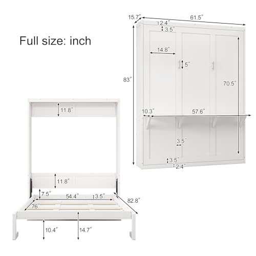 SOFTSEA Full Murphy Bed Wall Beds, Wood White Cabinet Bed 61.5” Foldable Platform Bed with Shelf for Guest Room