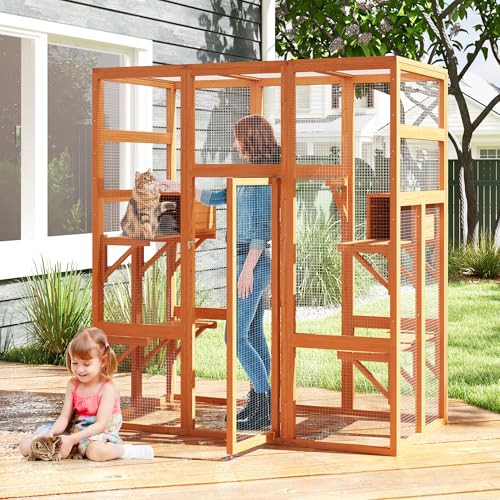 71Inches Large Wood Catio Outdoor Cat Enclosure with Perches and Condos, Cat House Indoor with Waterproof Roof