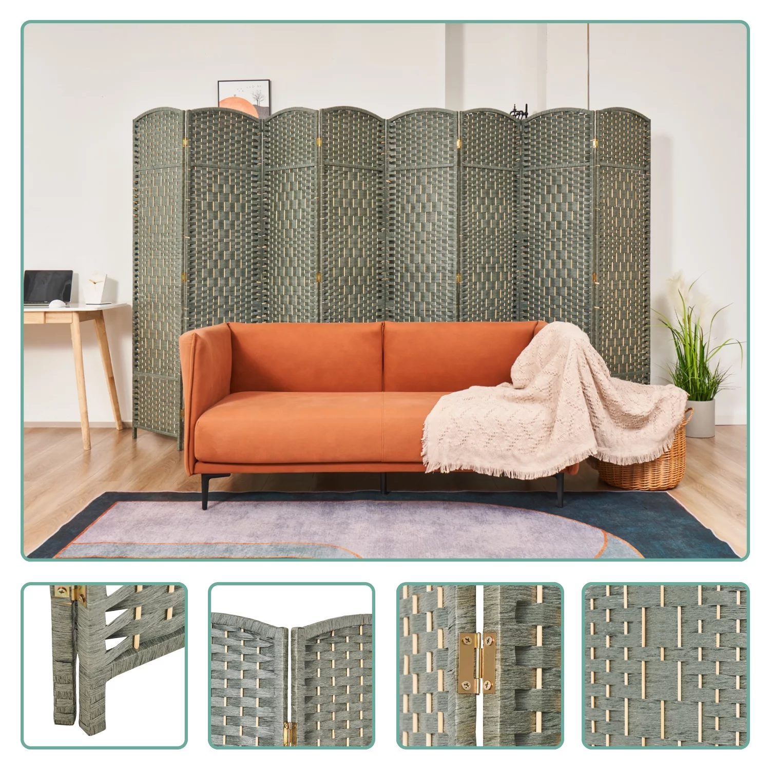 5.7ft Wood Fiber Woven Room Divider 8 Panels, Foldable Mobile Grey Wood Room Divider, Oriental Style Furniture Space Divider by LAZYLAND