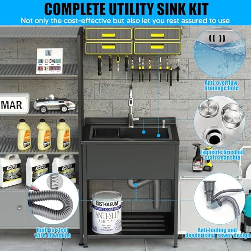 Stainless Steel Utility Sink, 30.8" × 22" × 39.5"Freestanding Sink with Cold and Hot Water Faucet,Hoses and Drain Kit for Kitchens, Bathrooms, Garage