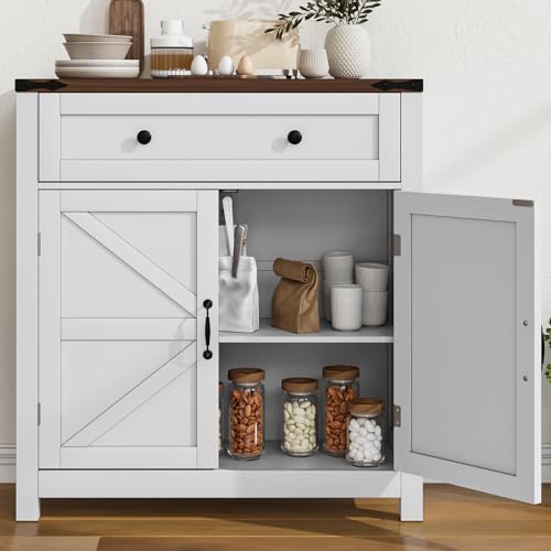 Farmhouse Storage Cabinet with 2 Doors, White Kitchen Cabinet with Walnut Countertop, Freestanding Floor Storage Cabinets Hutch Cupboard