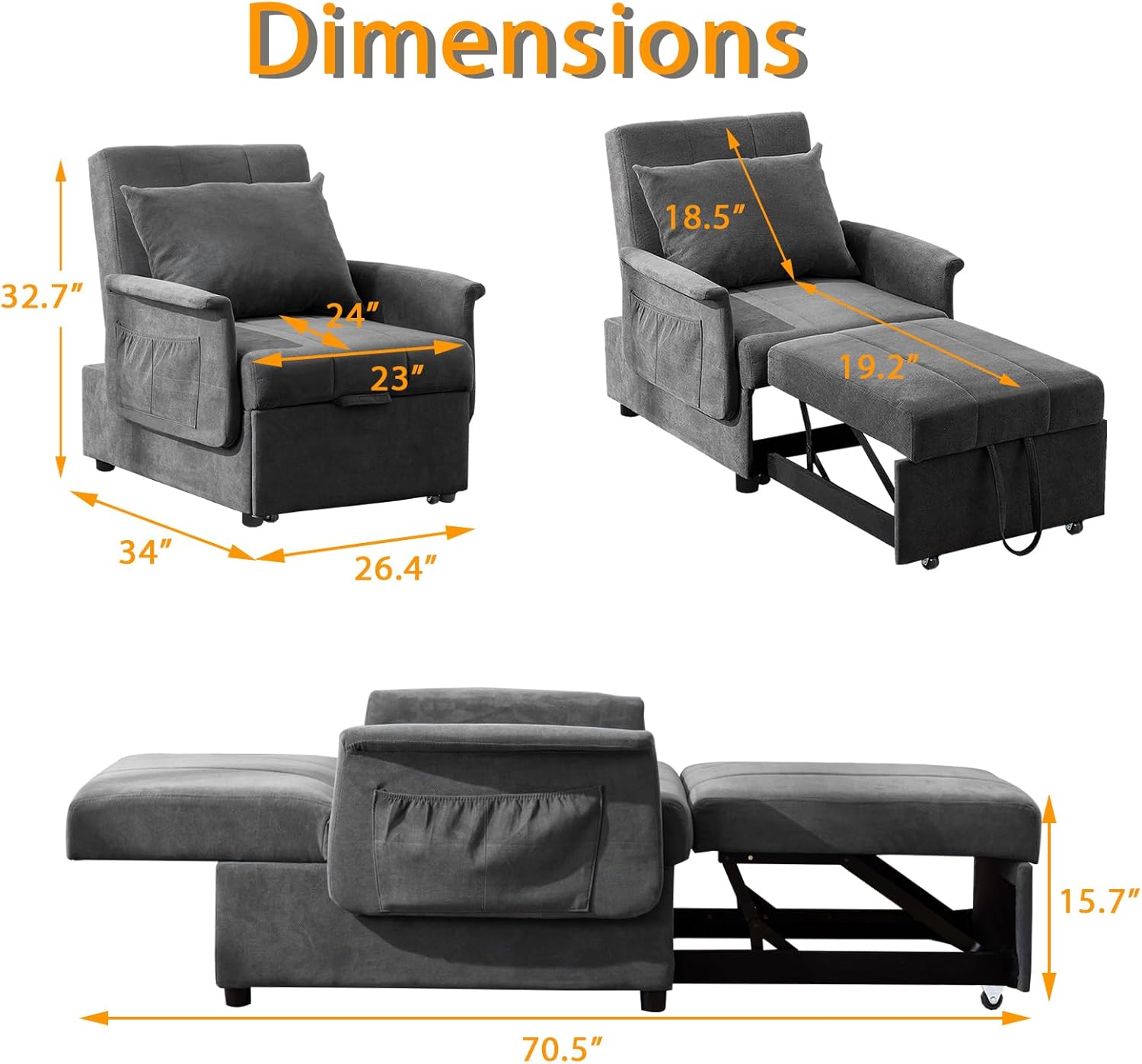 BINGTOO Bed Chair, 3 in 1 Lounge Chair,Multi-Function Folding Sofa Bed, Ottoman Bed Sleeper, Pull Out Sofa Chair, Pull Out Sofa Chair