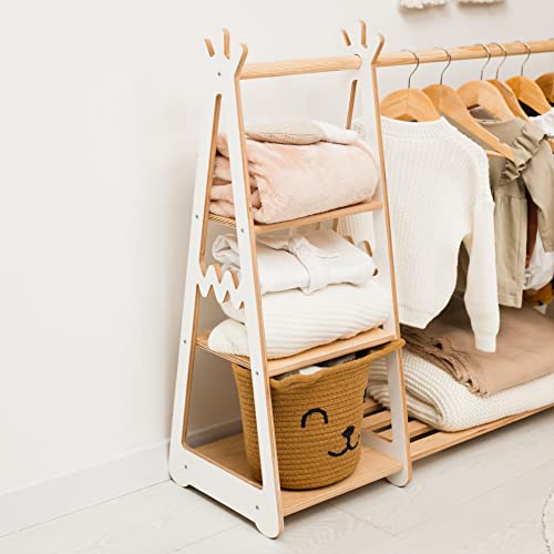 Montessori Teepee Style Clothing Rack Furniture for Toddler Wood Kids Playroom Natural Wooden Nursery Baby Neutral Room Storage Clothes Shelf Kids