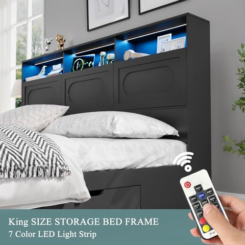 Queen Bed Frame with 47" Storage Headboard, Queen Size Wood Bed Frame with 4 Storage Drawers, Built-in Charging Station & LED, Solid Wood Slats