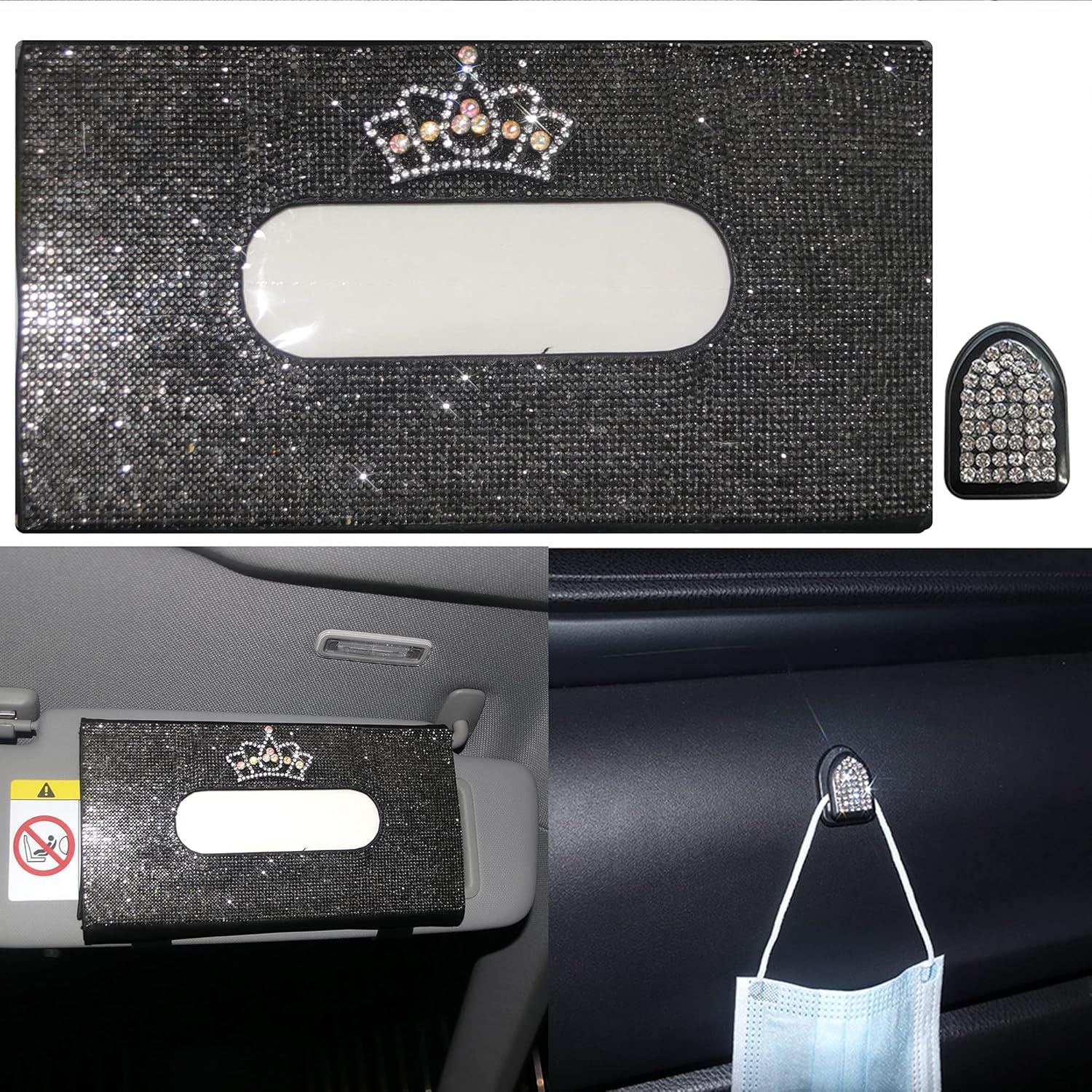 Lady Crystal Glitter Sparkly Car Visor Mask Holder Red Queen Crown Tissue Box Holder for Sun Visor Napkin Holder Paper Towel Cover Case with Bling