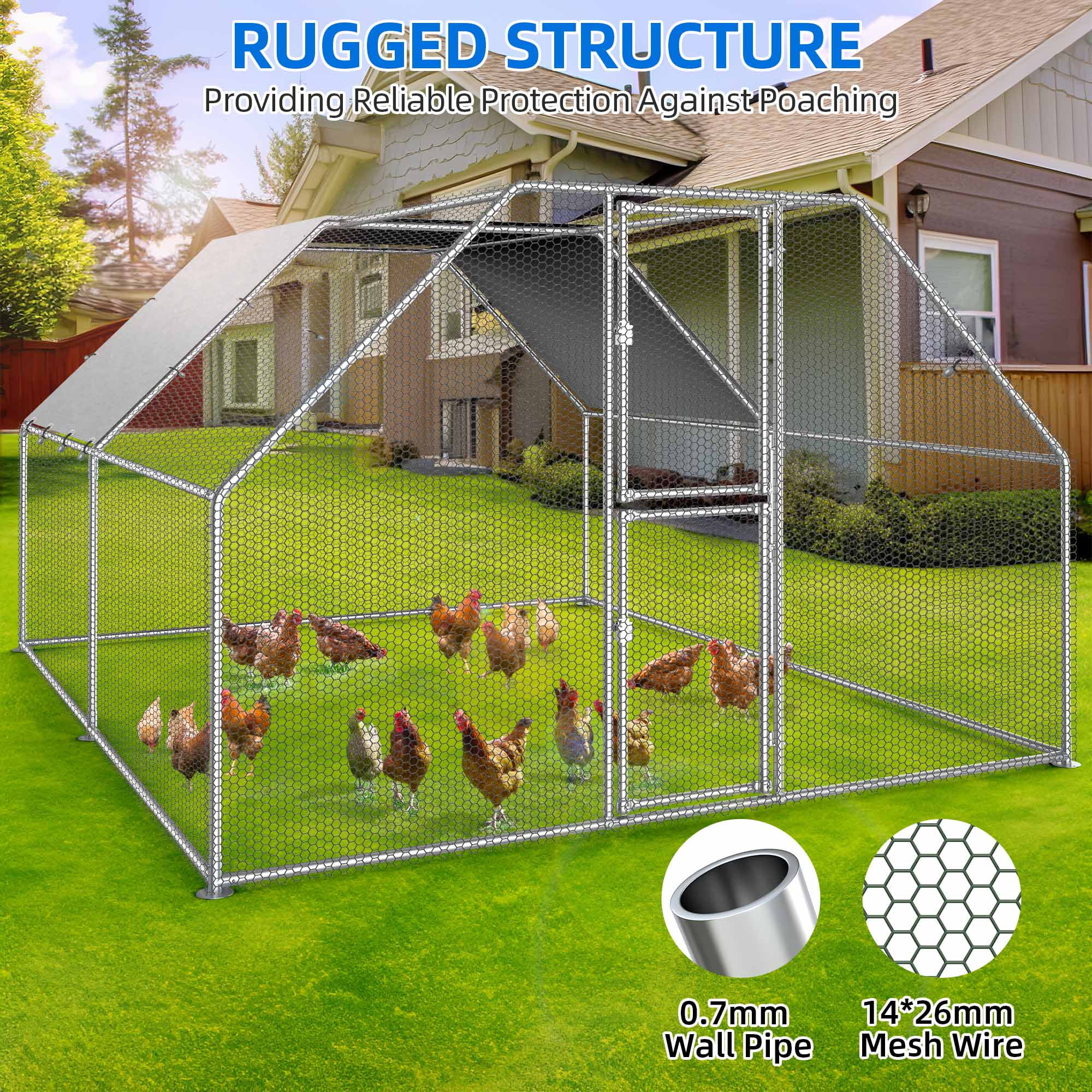 Dextrus Chicken Run Coop 13.1 x 9.8 x 6.4 ft Large Metal Chicken Coop Spire Shaped, Walk-in Hen Cage
