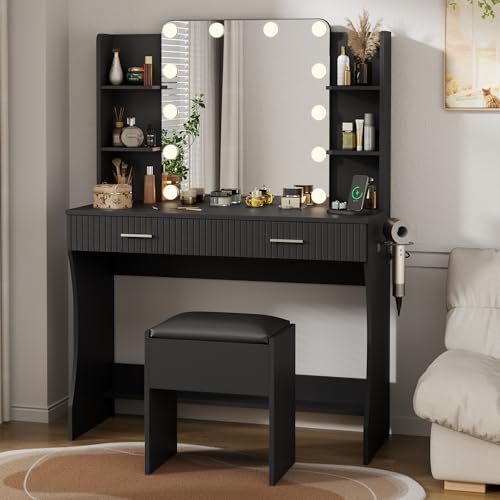 Vanity Desk with LED Lighted Mirror, Makeup Vanity with 3 Adjustable Lights, 2 Large Drawers and 4 Open Shelves