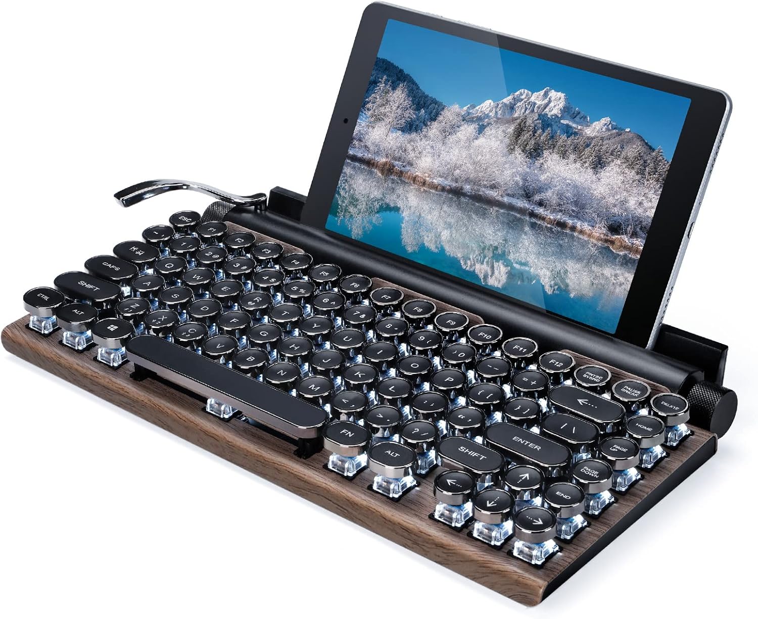 Retro Typewriter Keyboard with White Lighting, Multi-Device Bluetooth Wireless & Wired Aesthetic Mechanical Keyboard for Computer/Laptop/Tablets