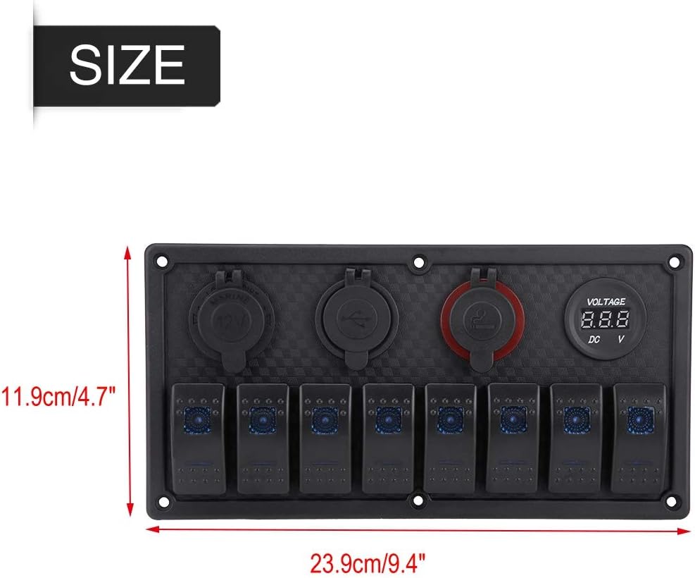 Qiilu 8 Gang Boat 12V Aluminium Rocker Switch Panel - Blue LED Lighted Control Switches