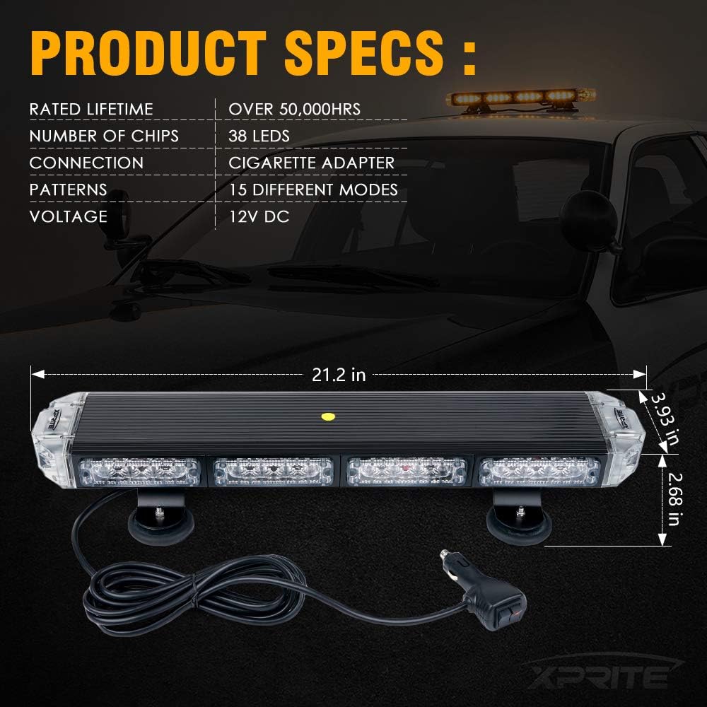 Xprite 48" Traffic Advisor White Amber Emergency Strobe Light Bar High Intensity LED Rooftop Warning Security Caution Lightbar w/Adjustable Brackets