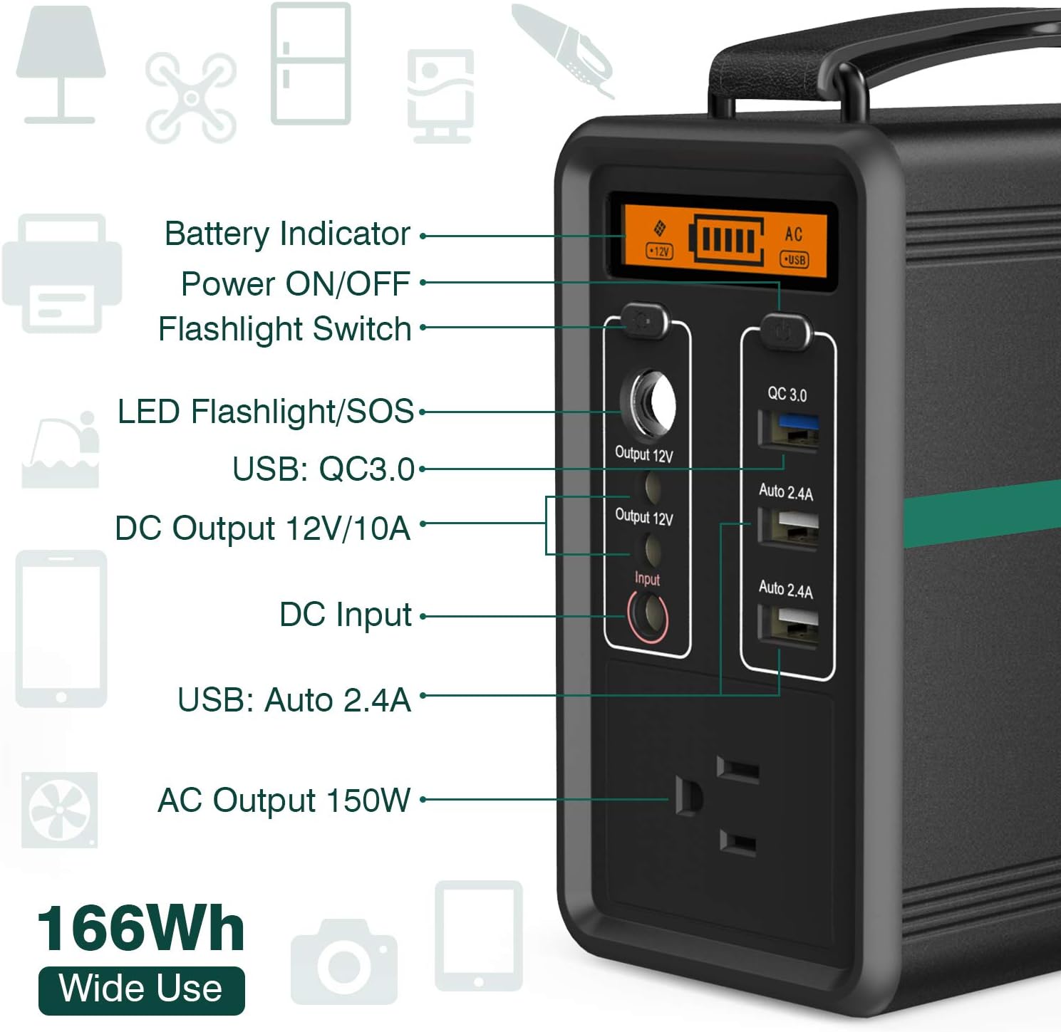 BEAUDENS Portable Power Station 166Wh LiFePO4 Battery Solar Generator 2000 Cycles