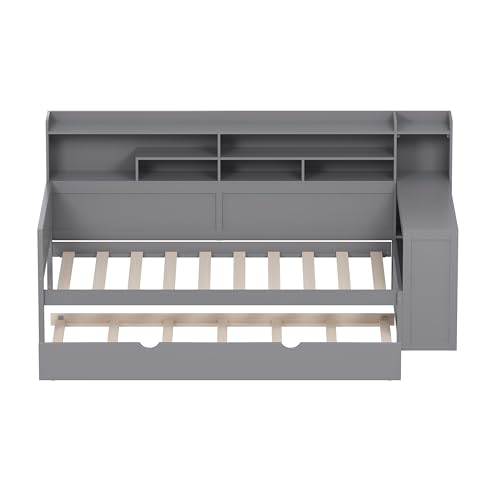 Corner Twin Bed Frame with Bookcase Storage and Desk, Wood Day Beds with 2 Drawers, Twin Size Daybed with Storage for Living Room