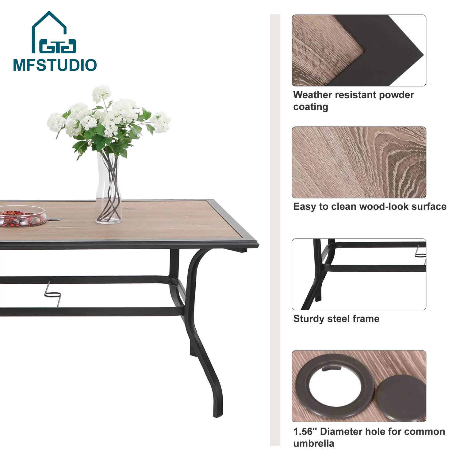 MF Studio 7 Pieces Outdoor Patio Dining Set with 6 Padded Textilene Chairs & Rectangular Steel Frame Table, Black & Gray