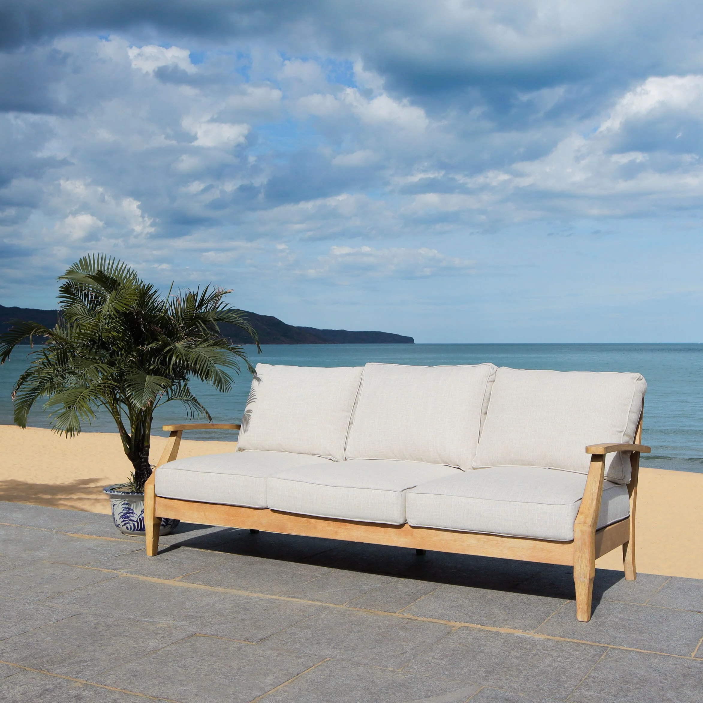 Safavieh  Couture Martinique Wood Patio Sofa Natural / White - Curated Treasures Market