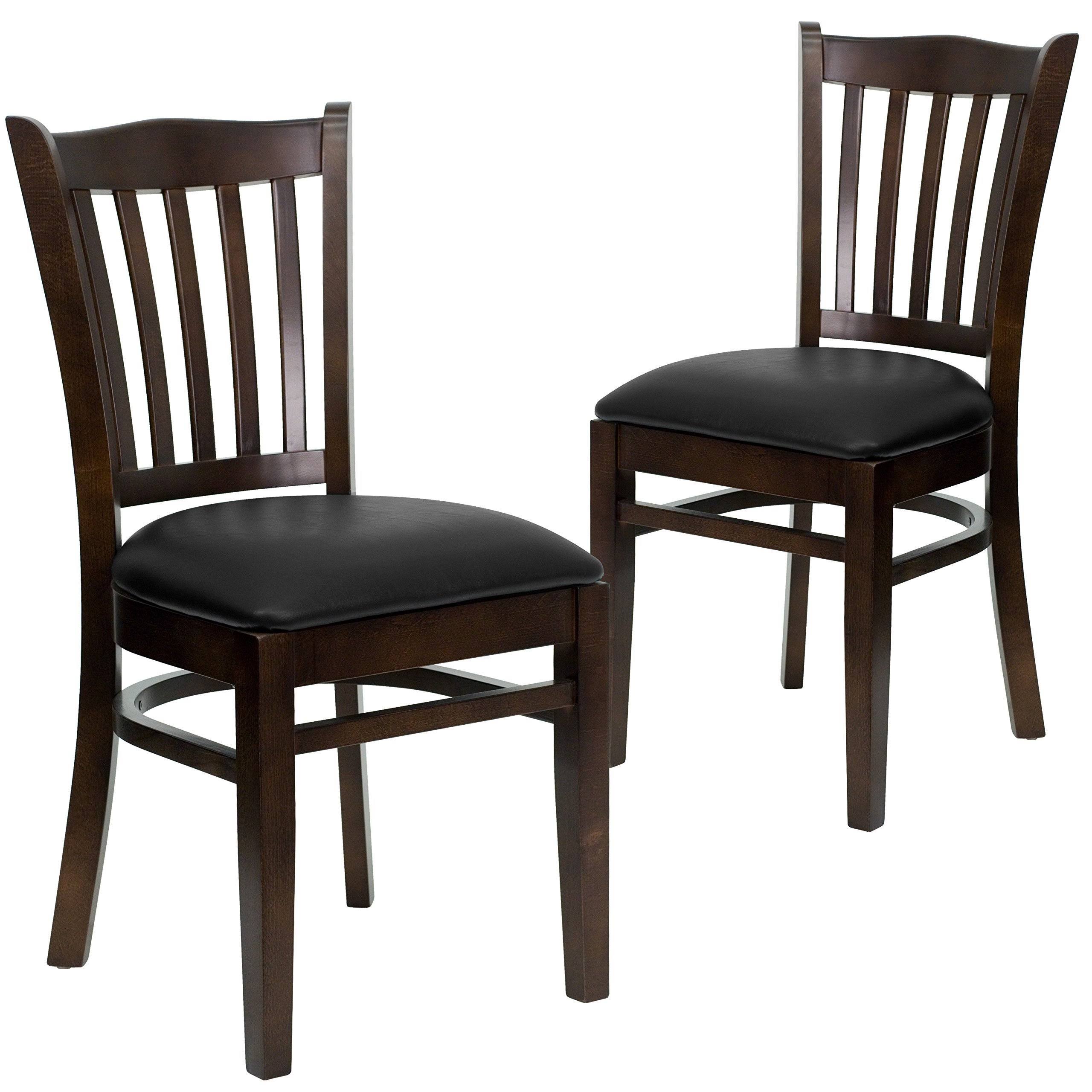 Flash Furniture 2 Pk. Hercules Series Vertical Slat Back Walnut Wood Restaurant Chair - Black Vinyl Seat