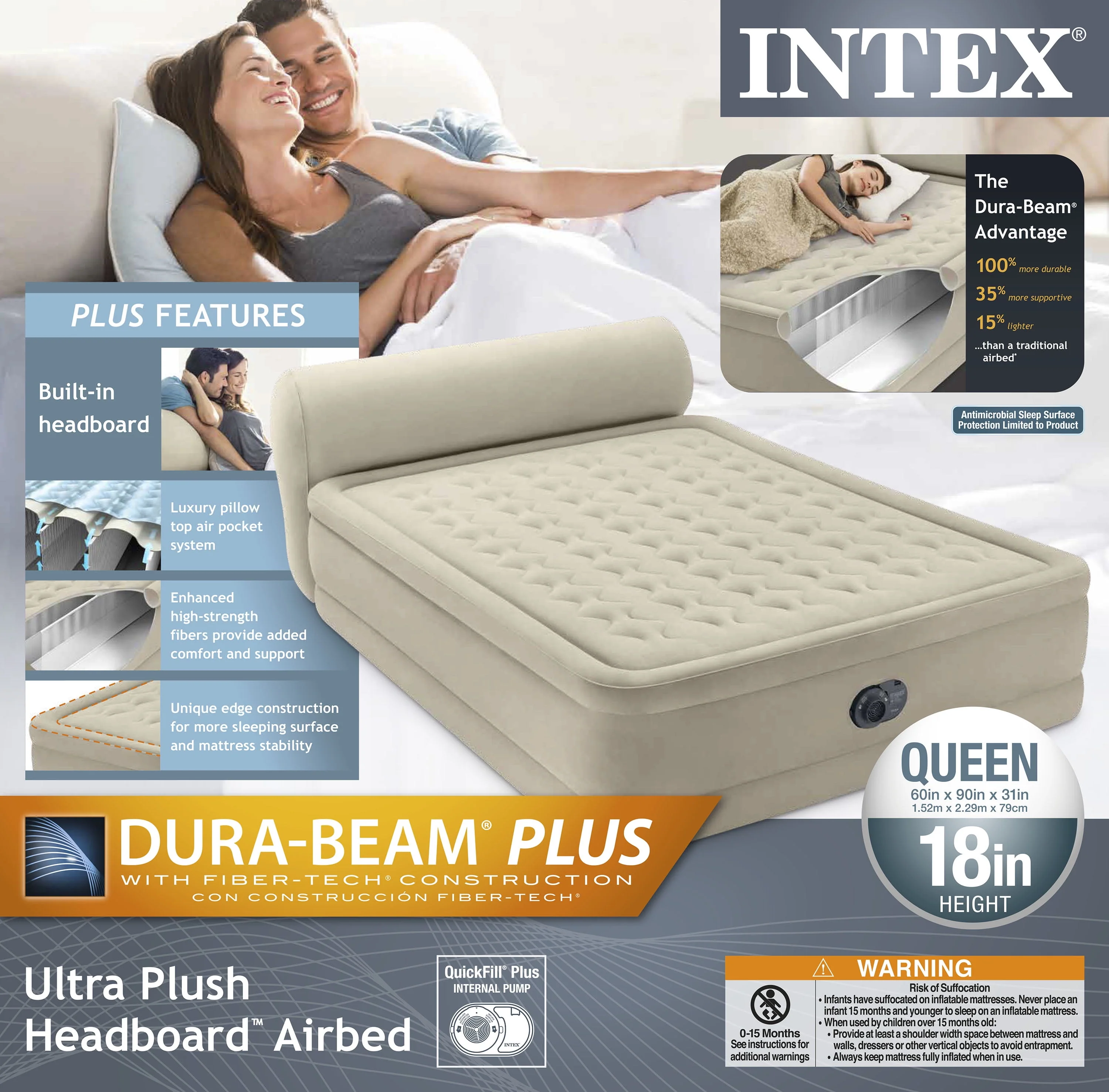 Intex Durabeam Headboard 18 Queen Air Mattress with Built-in Pump