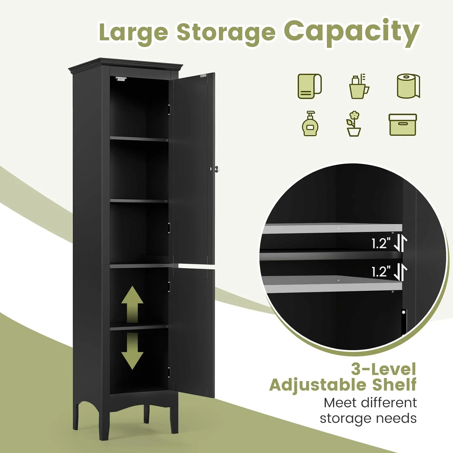 Bathroom Tall Storage Cabinet - Narrow Freestanding Floor Cabinet with Doors, 5 Tier Shelves(1 Height Adjustable)