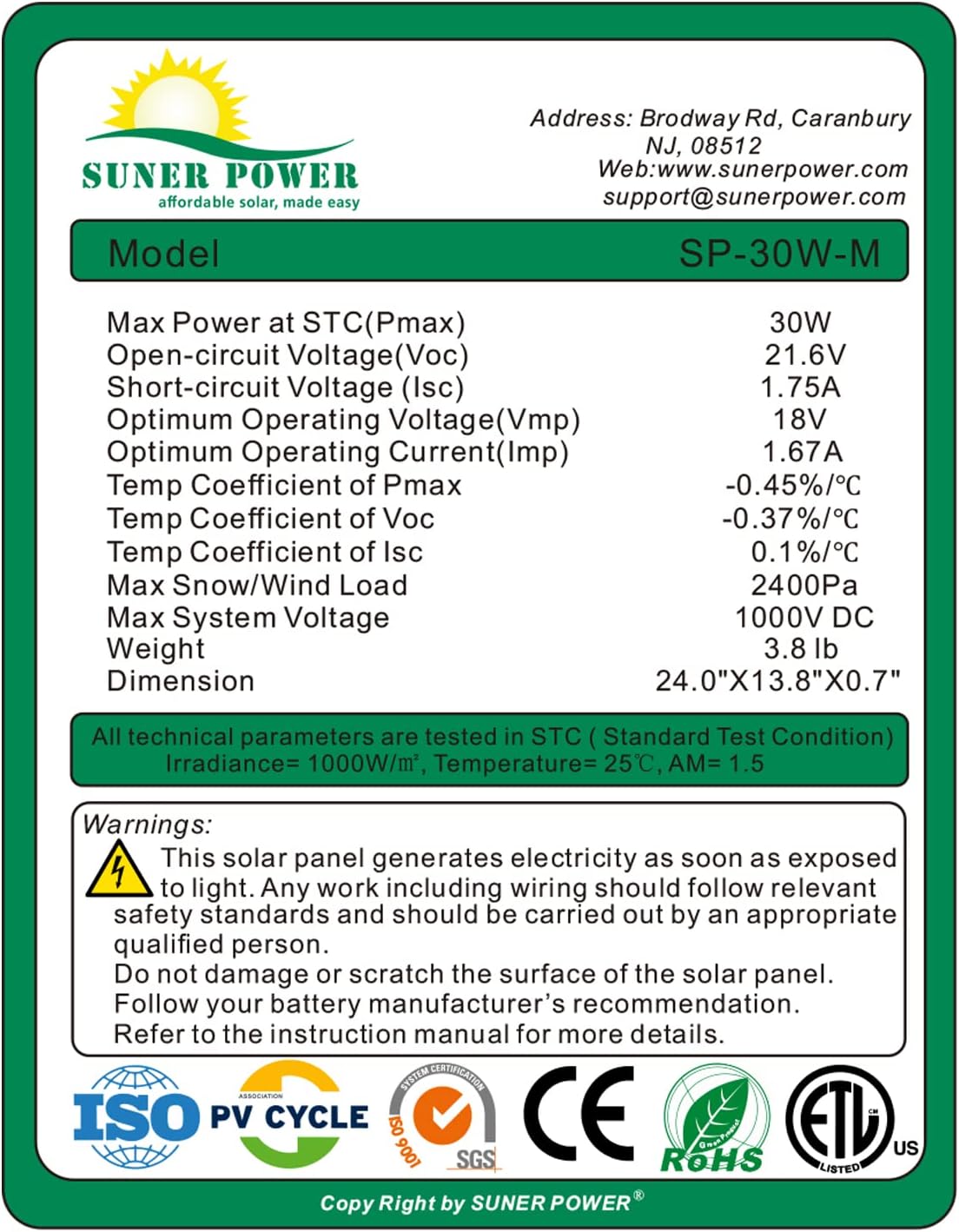 SUNER POWER 50 Watts Mono Crystalline 12V Solar Panel Kits