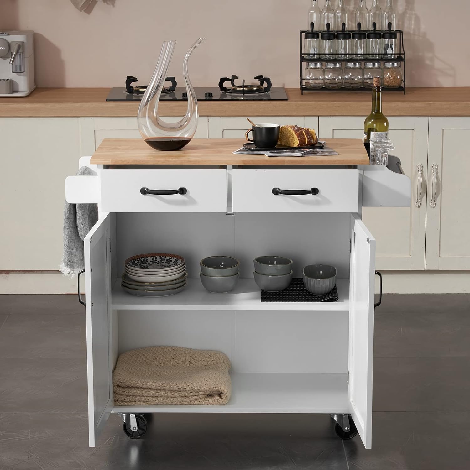 Kitchen Island on Wheels with Storage Cabinet,Rolling Kitchen Cart with Double Doors and Drawers & Spice Rack Towel Bar,Rubber Wood Top,White