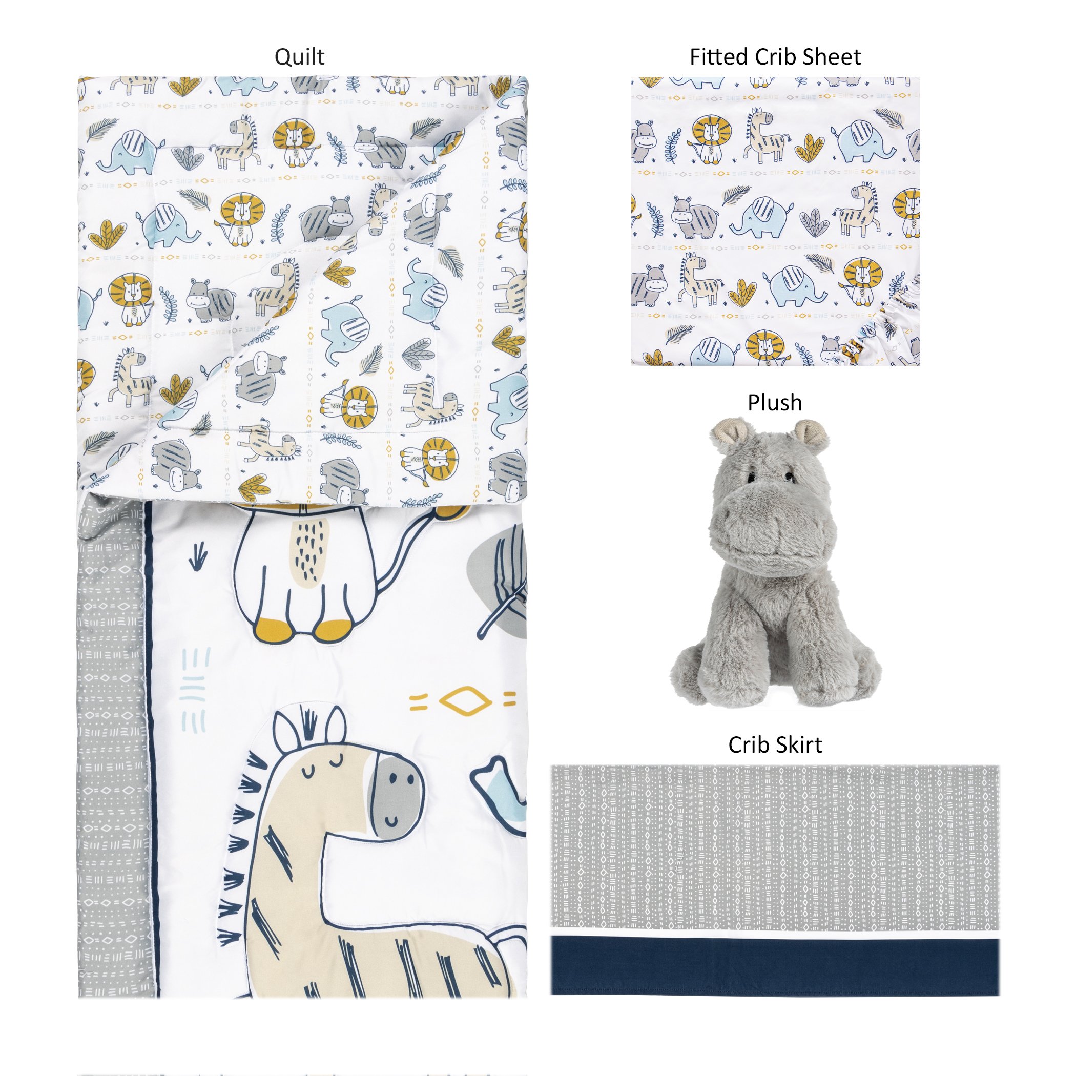 Sammy & Lou Zambia 4 Piece Crib Bedding Set. White, Tan, Orange, Blue, Navy and Gray Set is 100% Microfiber