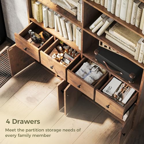 IRONCK 78.7" Bookcase with 4 Drawers and 4 Doors, 6 Tier Large Bookshelf with Storage, Floor Standing Display Storage Shelves