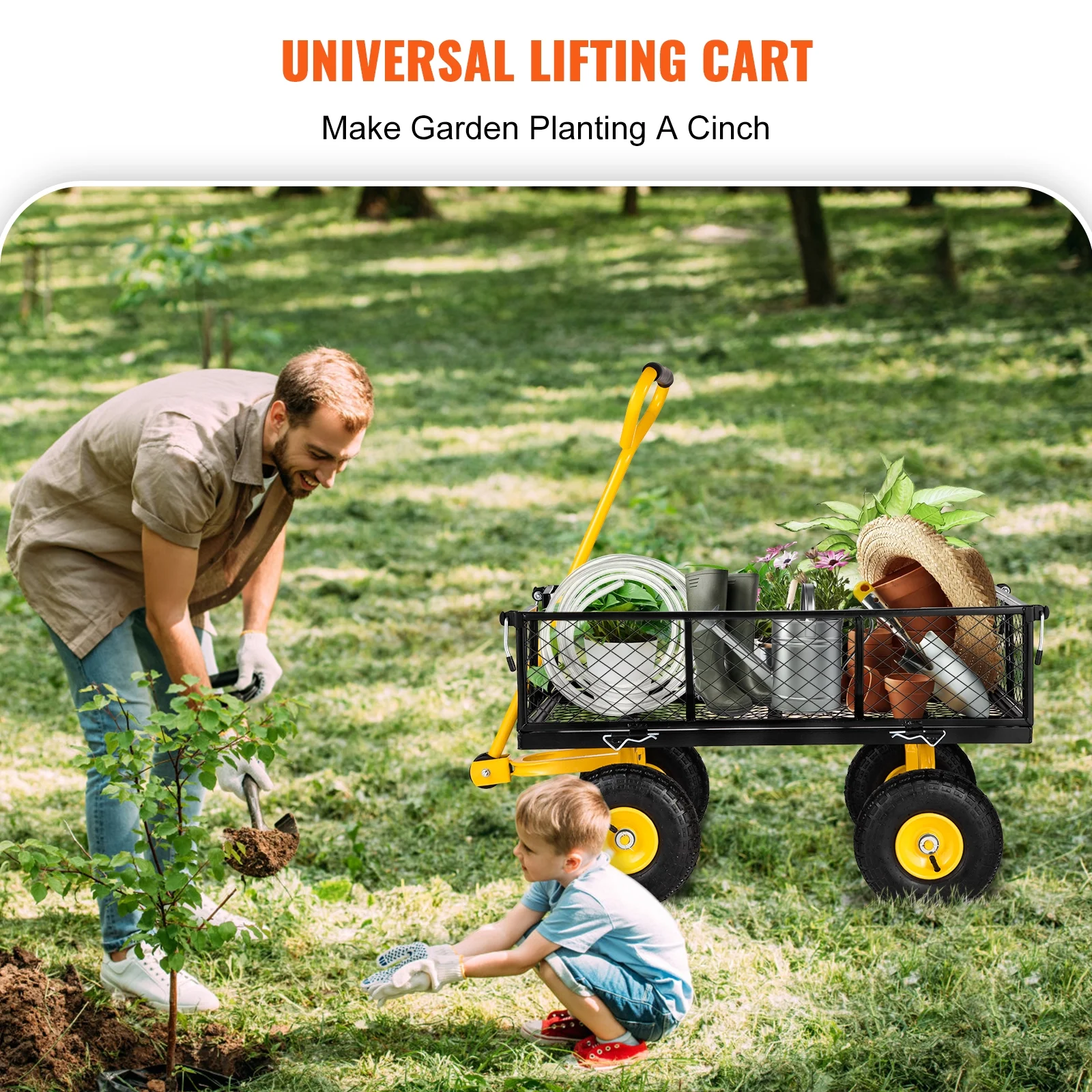 BENTISIM Steel Garden Cart, Heavy Duty 900 lbs Capacity, with Removable Mesh Sides to Convert into Flatbed