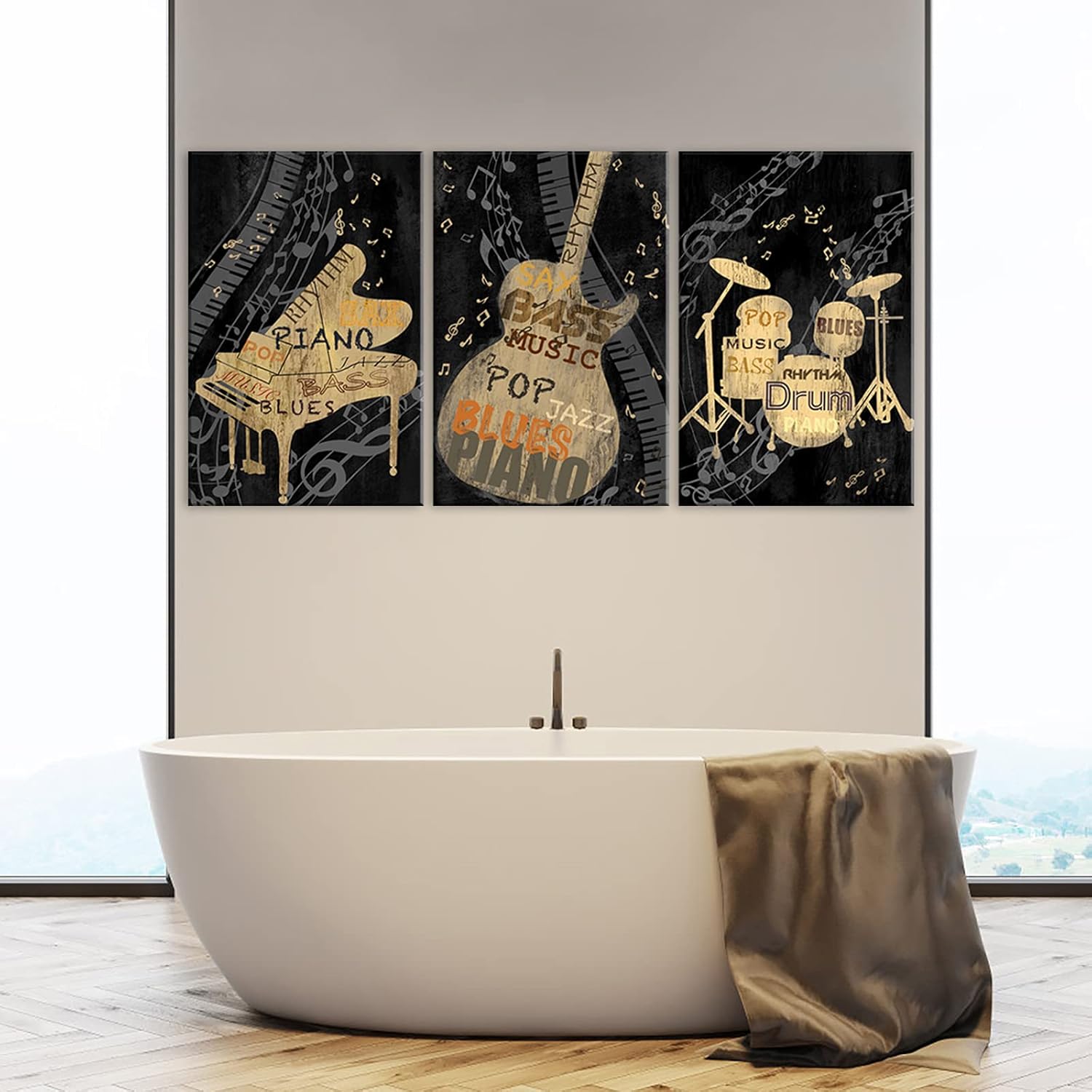 SiMiWOW Music Instrument Wall Art Black and Gold Guitar Piano Drum Set Pictures Classic Musical Theme Painting Canvas Prints Living Room Decoration
