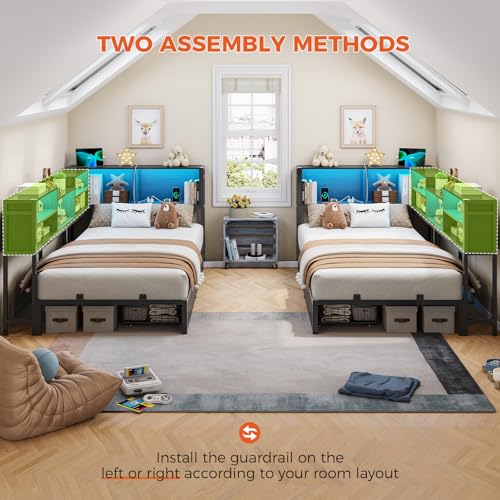 DICTAC Corner Twin Bed Frame with Bookcase Storage and Led Lights Metal Twin Size Platform Beds with Storage and Charging Station Twin Daybed with 2